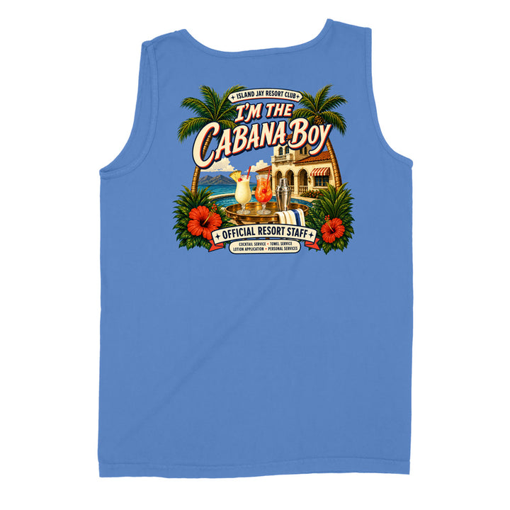 A sleeveless tank top in medium blue, shown from the back with a large colorful graphic print. The graphic features the text 'I'M THE CABANA BOY' with 'ISLAND JOY RESORT CLUB' above it, surrounded by palm trees, red hibiscus flowers, a beach scene, and cocktail glasses.