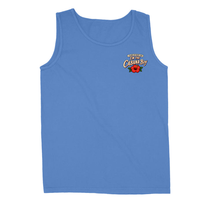 A light blue sleeveless tank top with a small graphic on the left chest reading 'The Cabana Boy' in yellow and red with a red flower, shown on a plain white background.