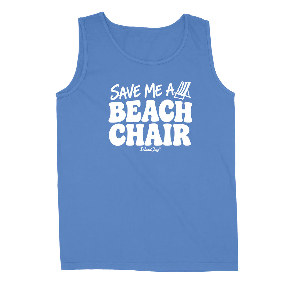 A blue sleeveless tank top with white graphic text reading 'SAVE ME A BEACH CHAIR' 