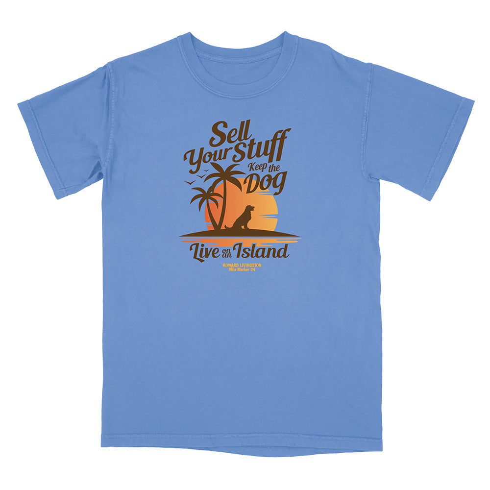 Blue t-shirt with a tropical graphic and text on a white background