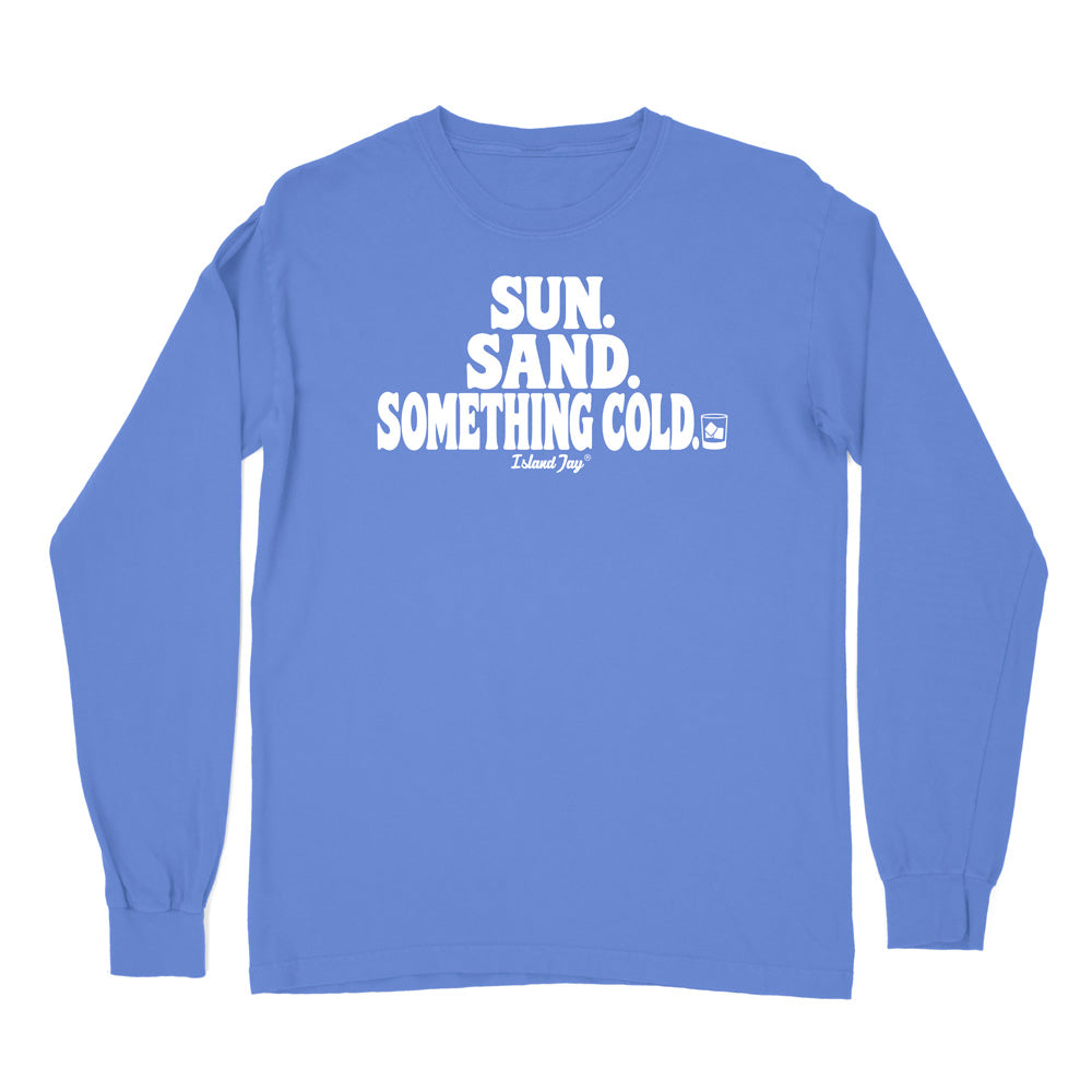 A flo blue long-sleeve t-shirt with a white graphic text print on the chest reading 'SUN. SAND. Something cold