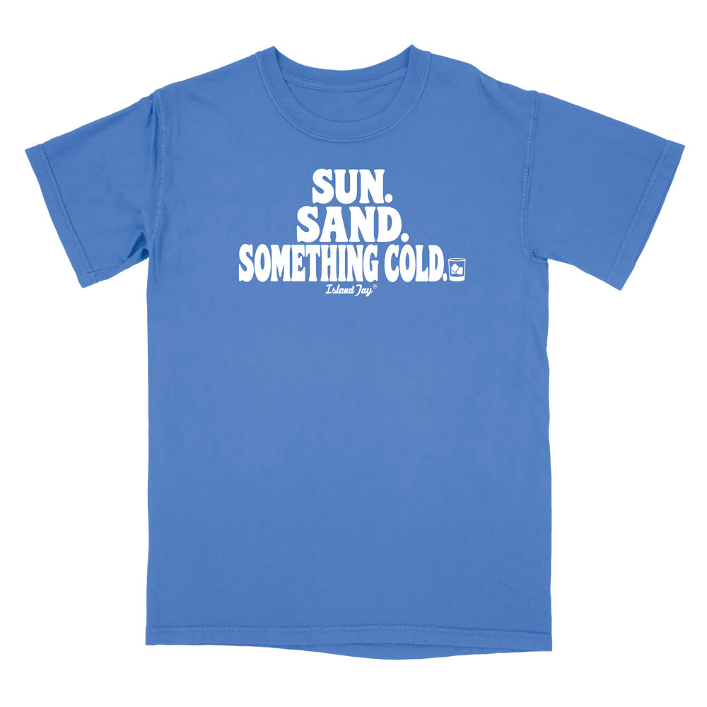 A blue short-sleeve t-shirt with a white graphic text print reading 'SUN. SAND. Something Cold