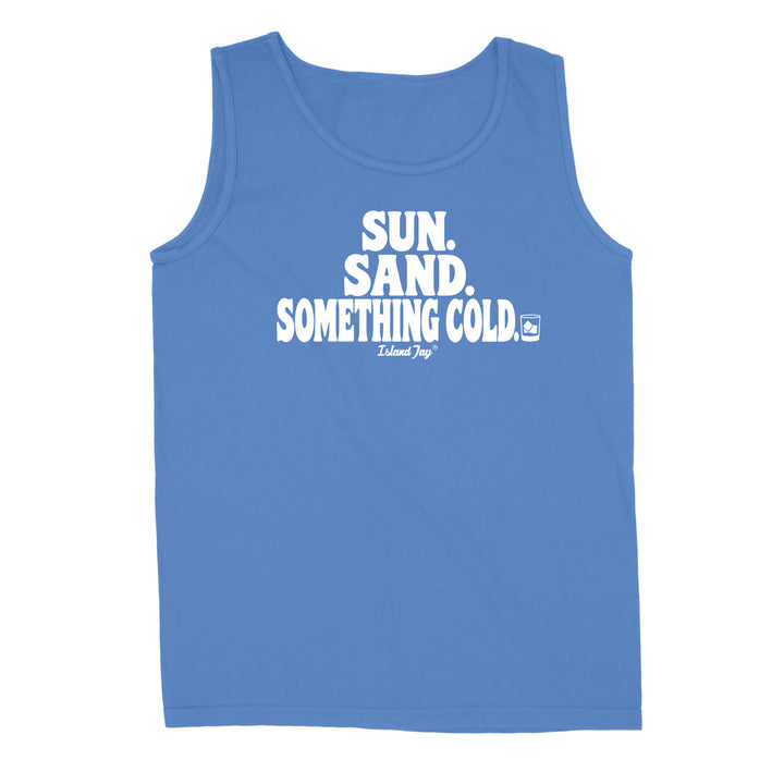 A blue sleeveless tank top with white printed text reading 'SUN. SAND. Something cold
