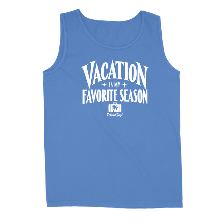 A flo blue sleeveless tank top with a white graphic print on the front that reads 'VACATION IS MY FAVORITE SEASON' 