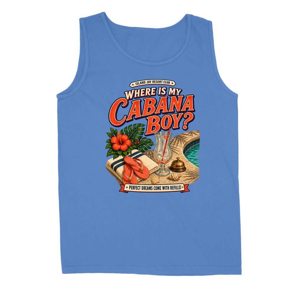 A light blue sleeveless tank top with a retro-style graphic on the front that reads 'WHERE IS MY CABANA BOY?' in large red letters, with tropical illustrations including hibiscus flowers, a cocktail glass, a palm leaf, and a poolside scene.