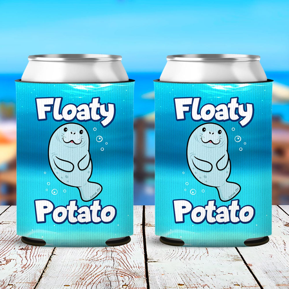 Floaty Potato Manatee Can Cooler Sleeve. Shows a cute cartoon manatee on a high quality can cooler sleeve