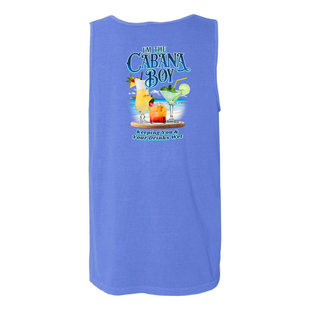 A sleeveless blue tank top shown from the back, featuring a colorful graphic print with cocktail illustrations and the text 'In The Cabana Boy' and 'Keeping You In A Drink Free Zone'.