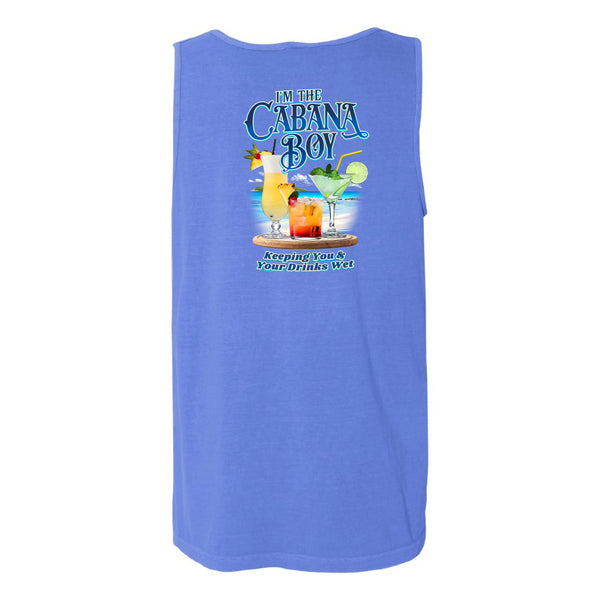 A sleeveless blue tank top shown from the back, featuring a colorful graphic print with cocktail illustrations and the text 'In The Cabana Boy' and 'Keeping You In A Drink Free Zone'.