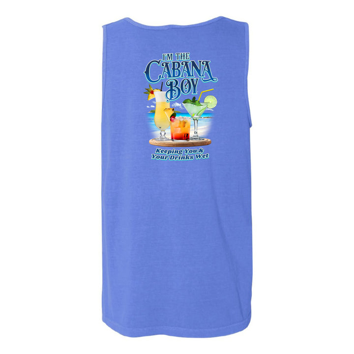 A sleeveless blue tank top shown from the back, featuring a colorful graphic print with cocktail illustrations and the text 'In The Cabana Boy' and 'Keeping You In A Drink Free Zone'.