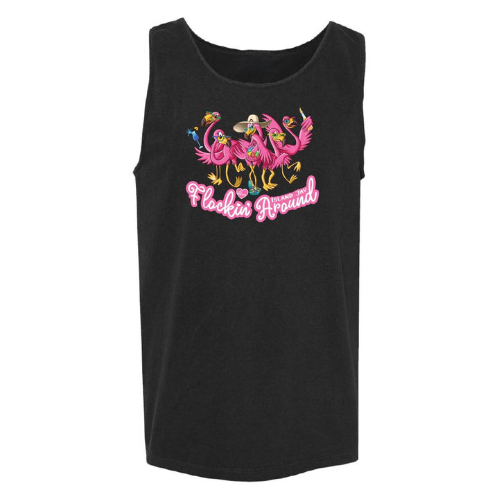 Black tank top with pink flamingo design and 'Flockin' Around' text.