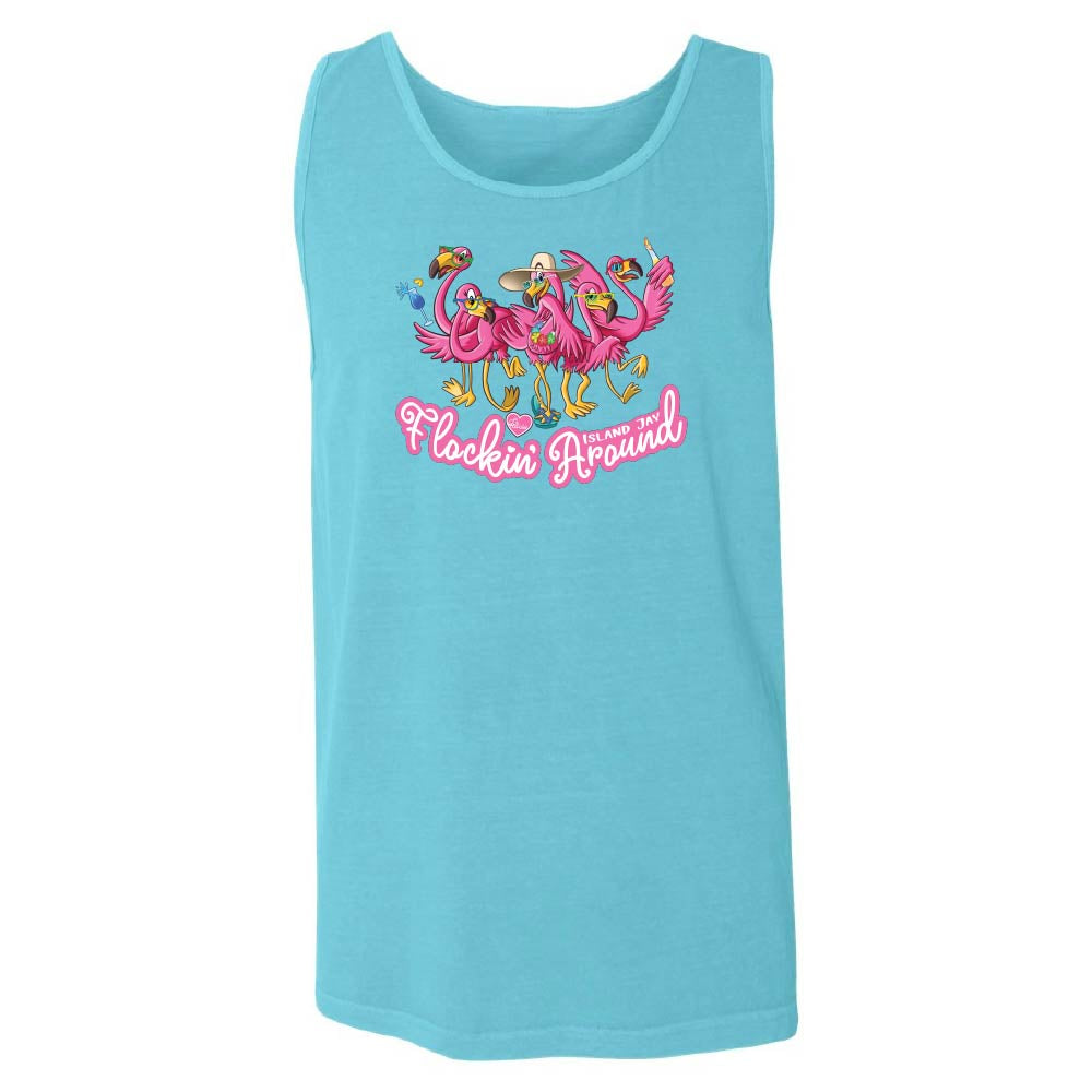Lagoon tank top with pink flamingo design and 'Flockin' Around' text.