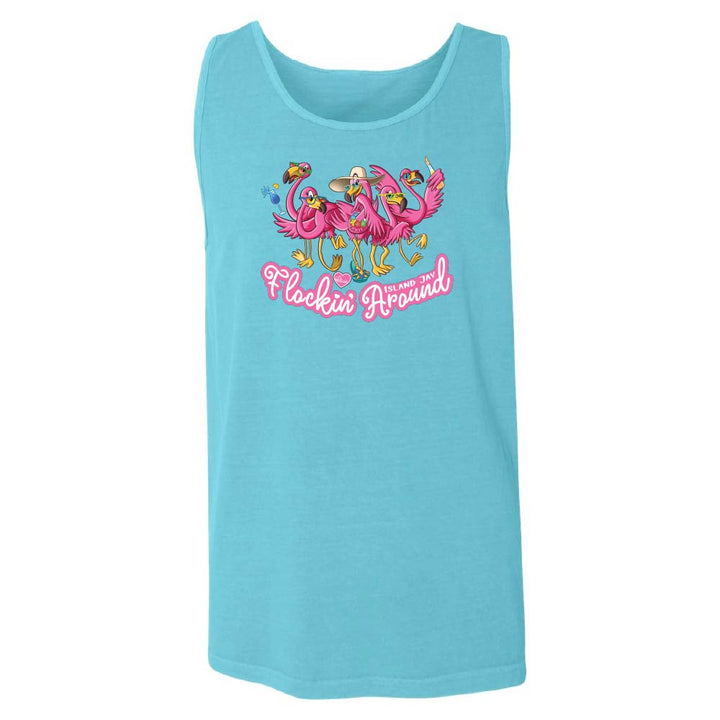 Lagoon tank top with pink flamingo design and 'Flockin' Around' text.