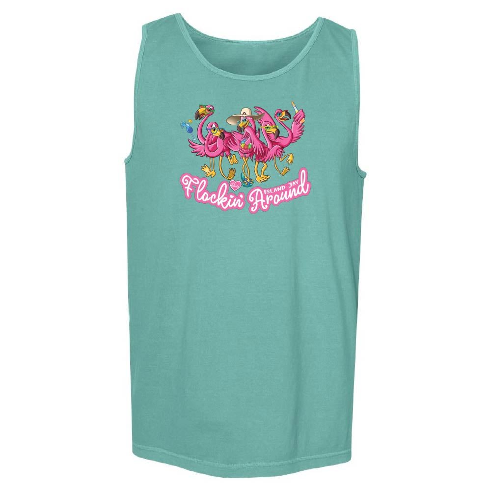 Teal tank top with pink flamingo design and 'Flockin' Around' text.
