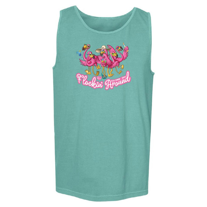 Teal tank top with pink flamingo design and 'Flockin' Around' text.