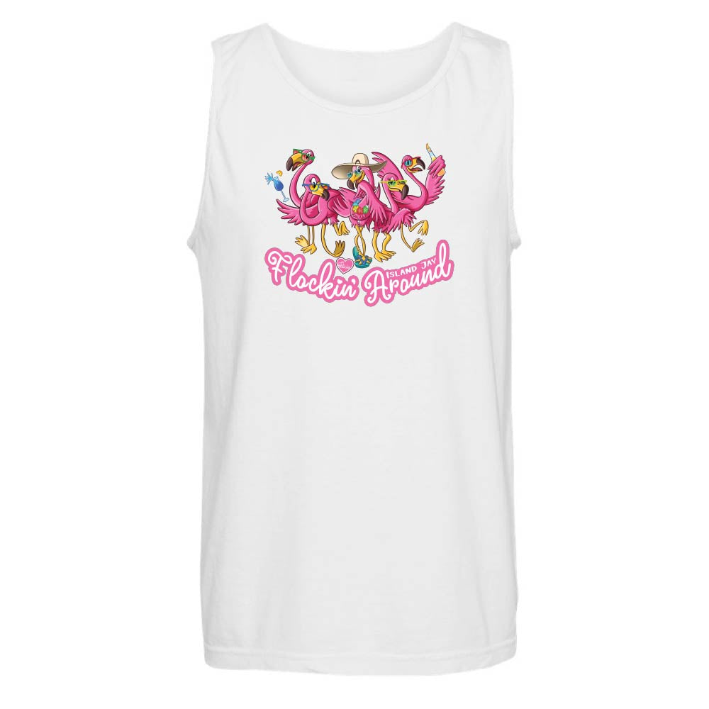 White tank top with pink flamingo design and 'Flockin' Around' text.