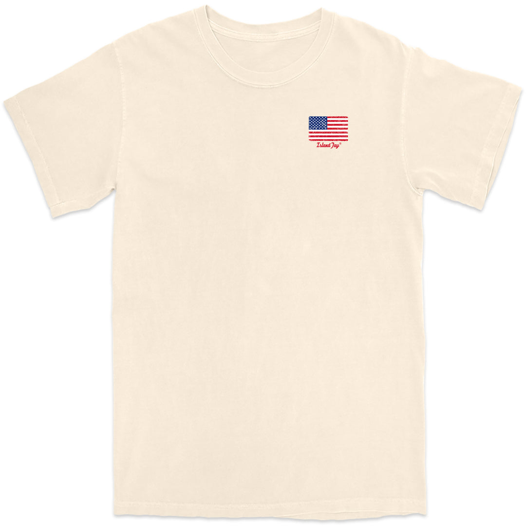 Freedom Shores T-Shirt. Am American Flag mixed with a tropical palm tree. Front with small USA Flag Logo