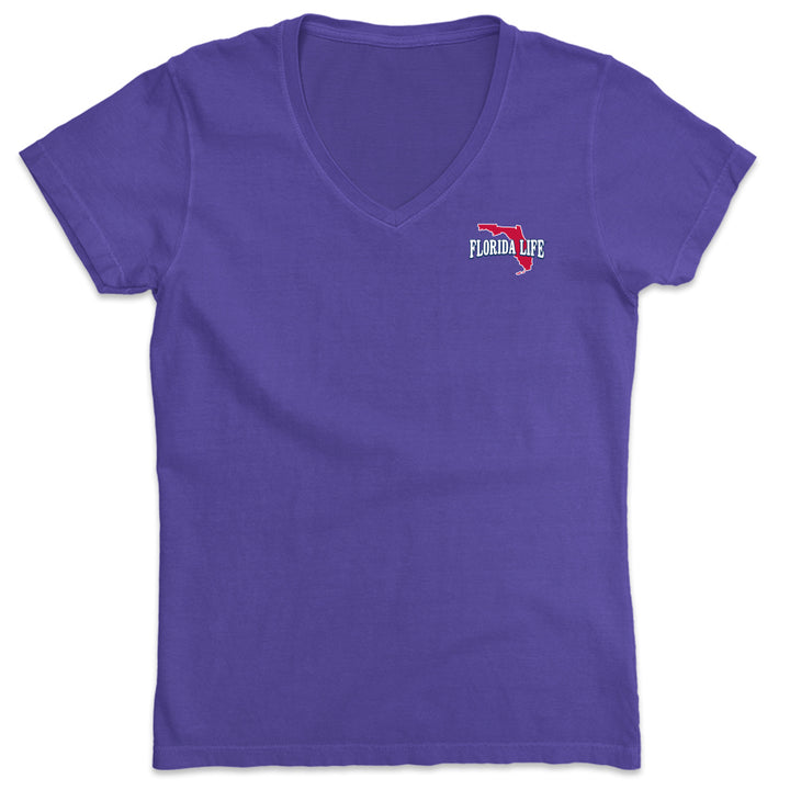 Women's Siesta Key Florida State Flag V-Neck T-Shirt Purple