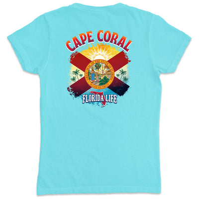 Women's Cape Coral Florida State Flag V-Neck T-Shirt Aqua