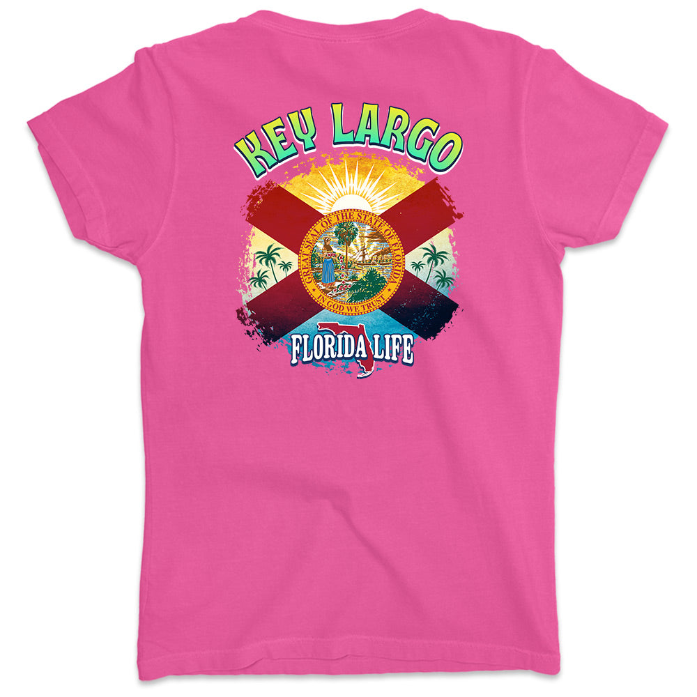Women's Key Largo Florida State Flag V-Neck T-Shirt Hot Pink