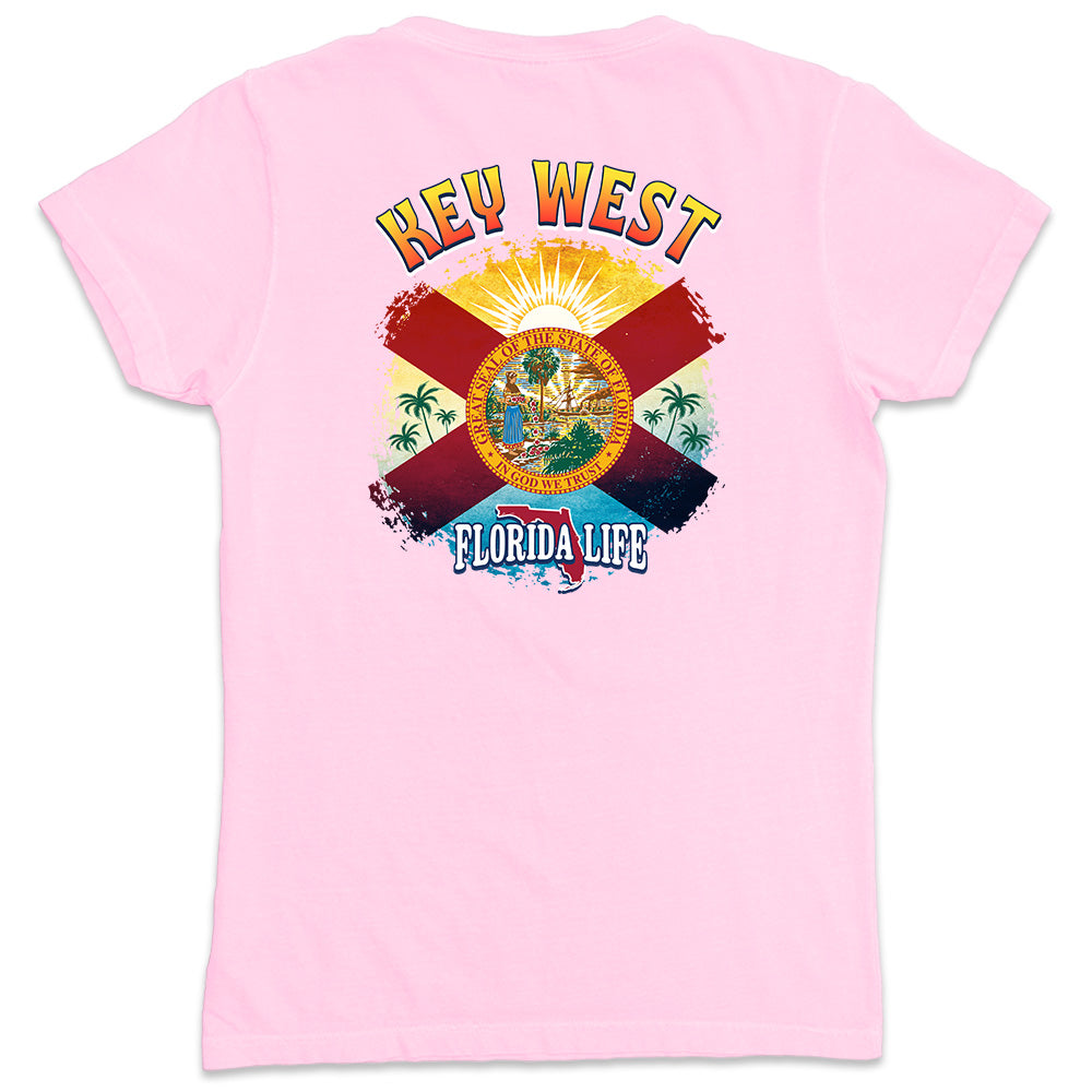 Women's Key West Florida State Flag V-Neck T-Shirt Pink