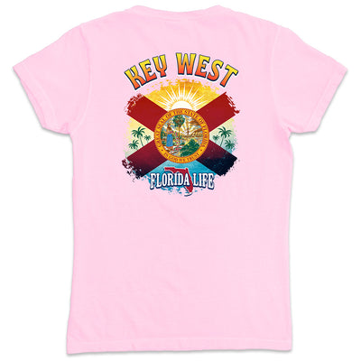 Women's Key West Florida State Flag V-Neck T-Shirt Pink