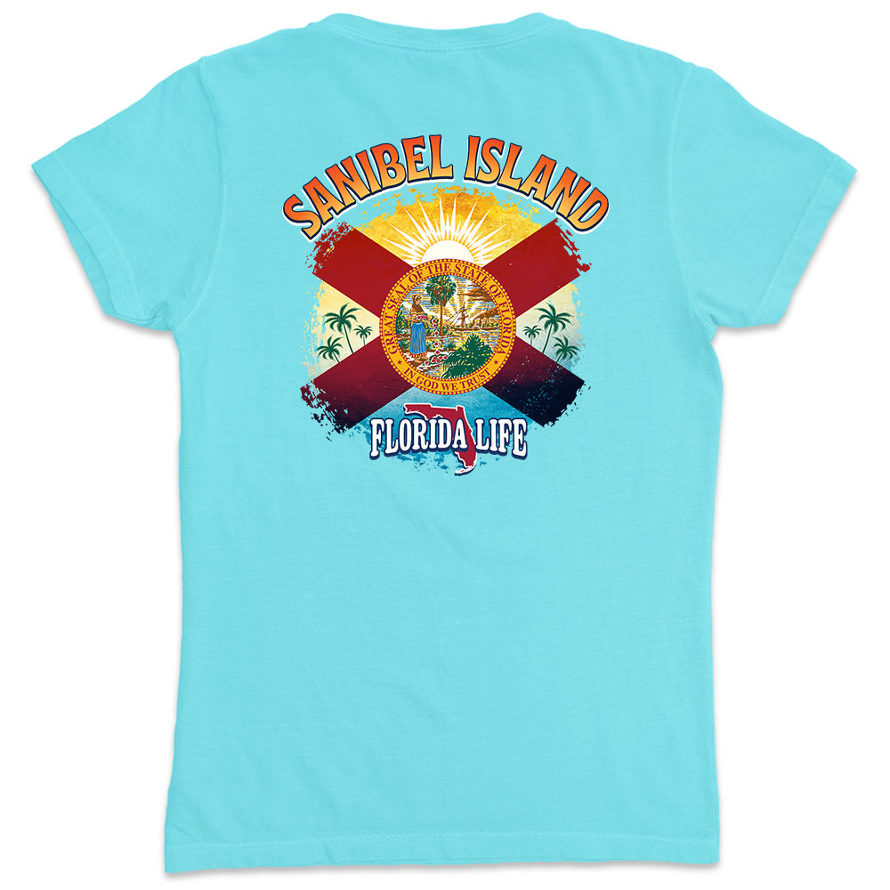 Women's Sanibel Island Florida State Flag V-Neck T-Shirt Aqua