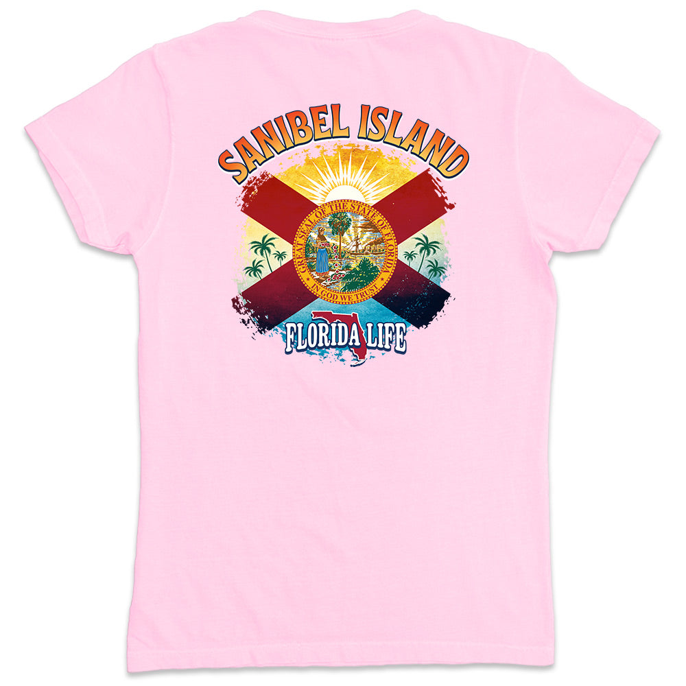 Women's Sanibel Island Florida State Flag V-Neck T-Shirt Light Pink