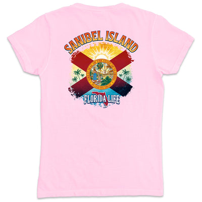 Women's Sanibel Island Florida State Flag V-Neck T-Shirt Light Pink