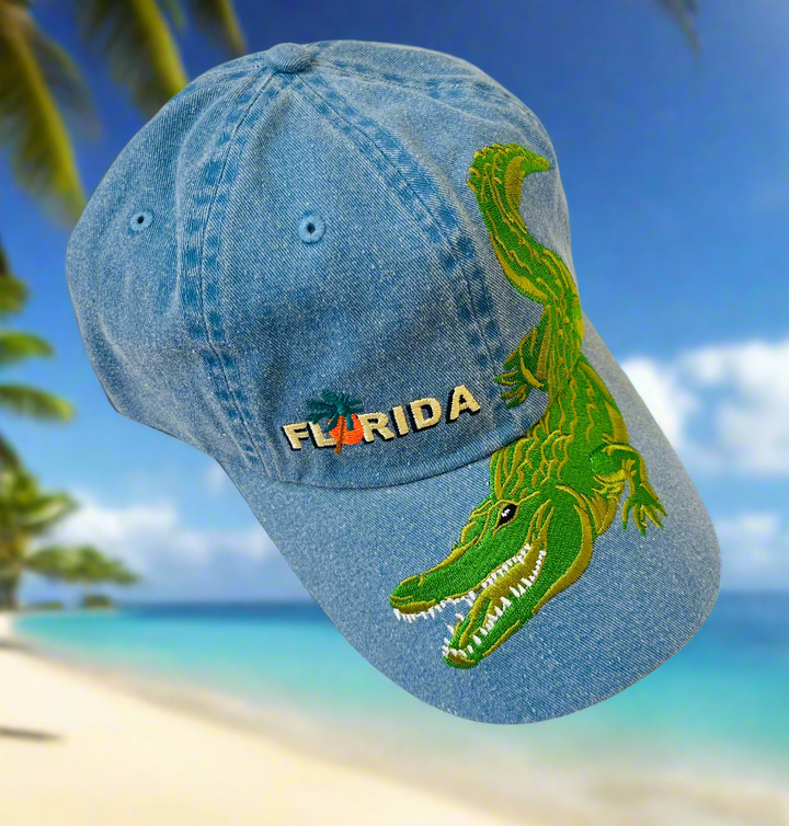 Blue hat with a big alligator on it and the word "Florida"