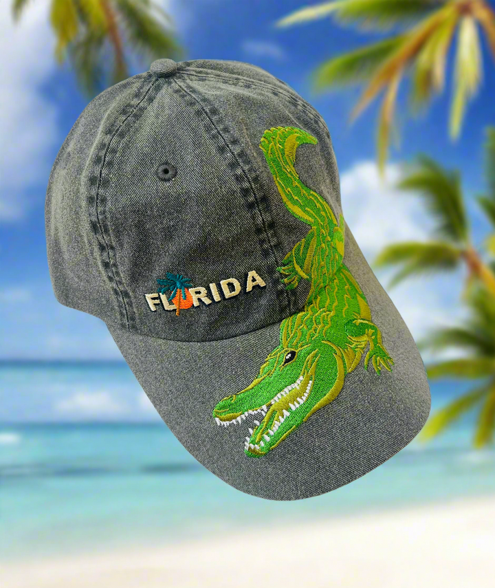 Charcoal hat with a big alligator on it and the word "Florida"