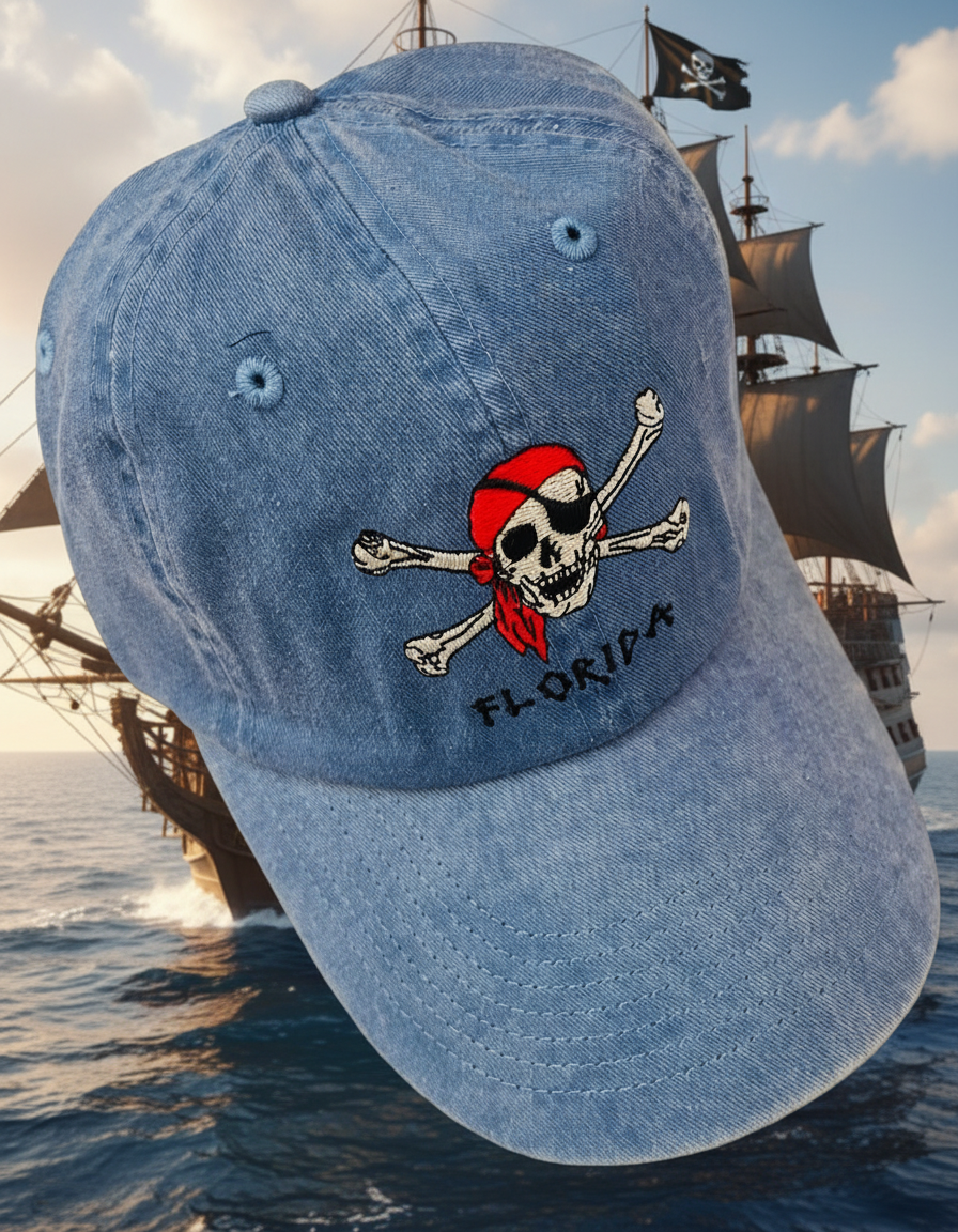Florida pirate hat with skull and crossbones in blue