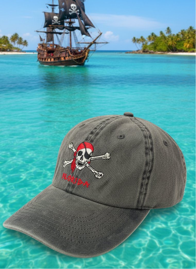 Florida pirate hat with skull and crossbones in charcoal
