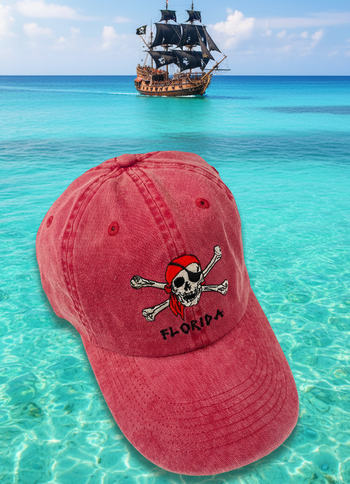 Florida pirate hat with skull and crossbones in red