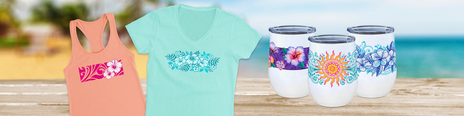Hawaiian inspired flower designs. Printed on high quality tees, tank tops, and accessories. 