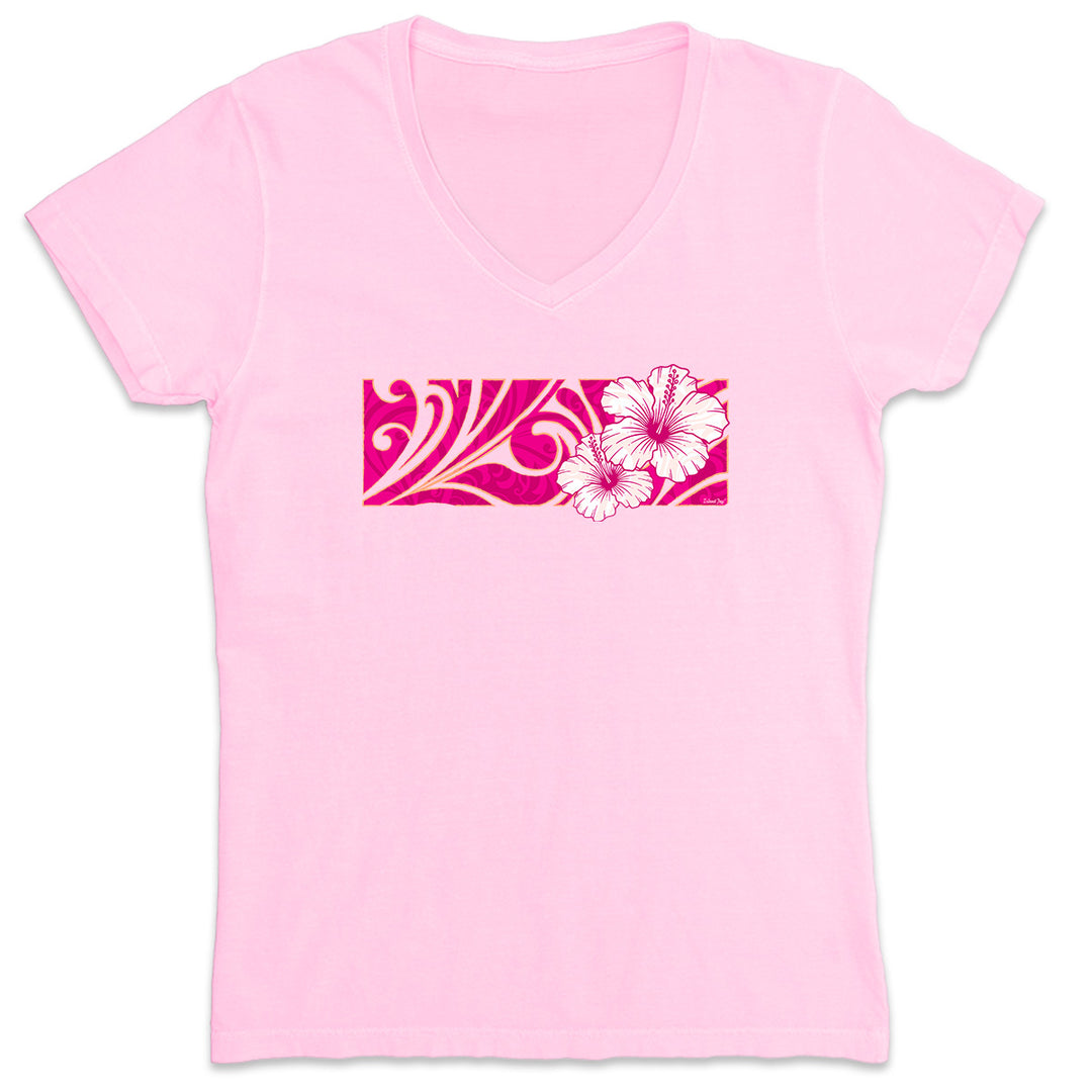 Women's Pink Hibiscus V-Neck T-Shirt Light Pink