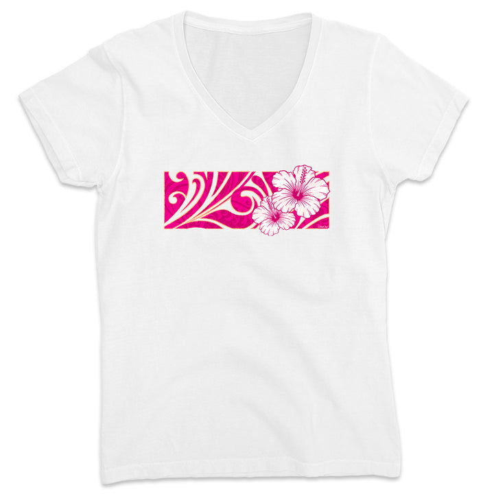 Women's Pink Hibiscus V-Neck T-Shirt Ocean White