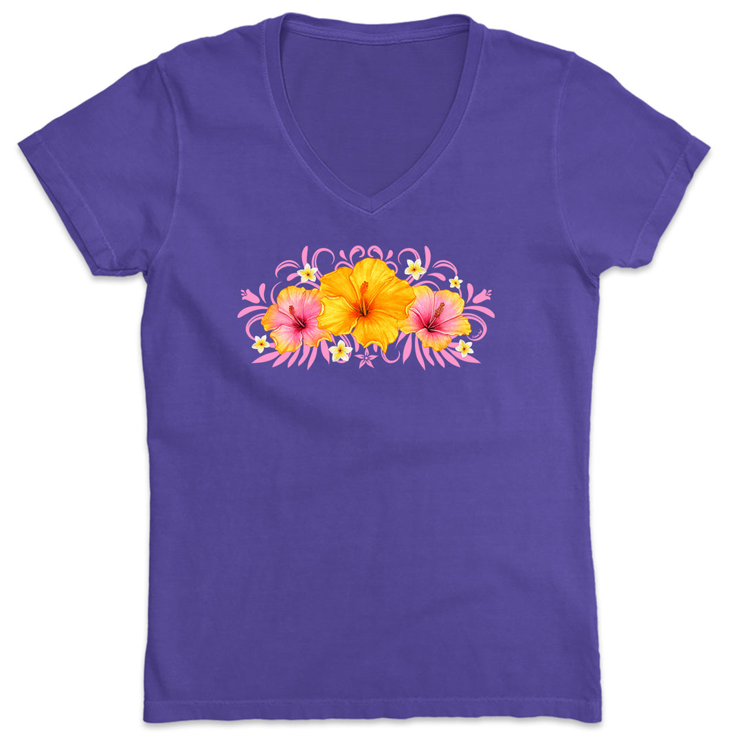Women's Tropical Sunrise Flower V-Neck T-Shirt