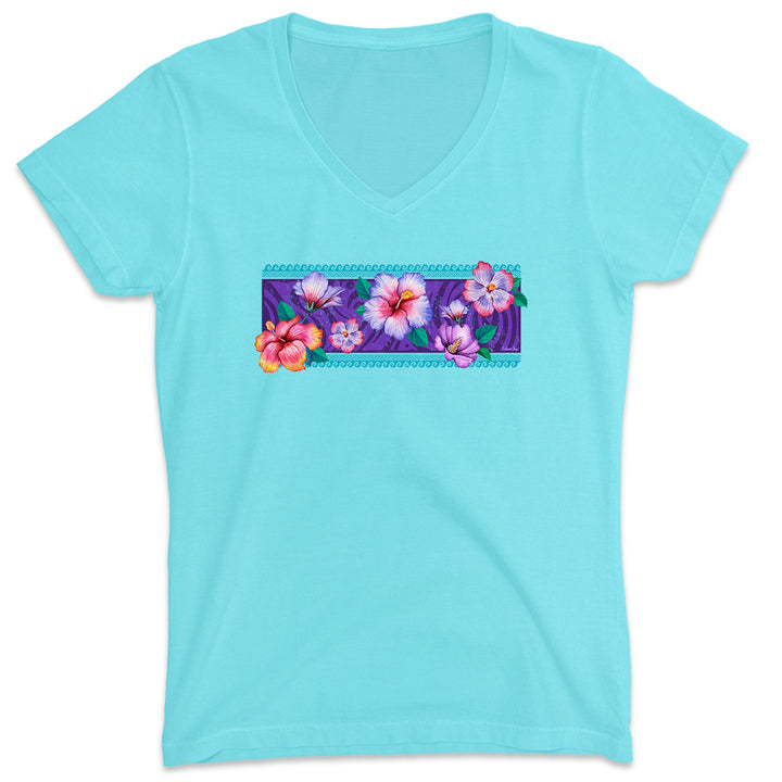 Women's Caribbean Escape Flower V-Neck T-Shirt Aqua