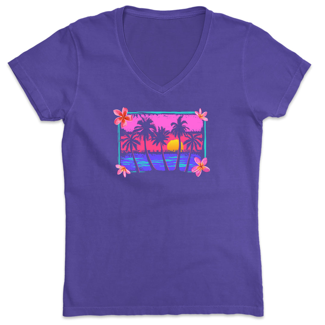 Women's Tropical Sunrise V-Neck T-Shirt Purple