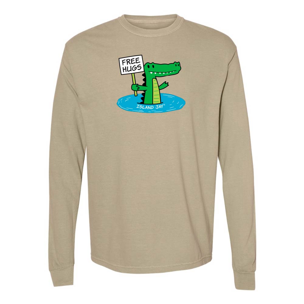 Khaki long-sleeve shirt with a cartoon alligator holding a 'Free Hugs' sign.