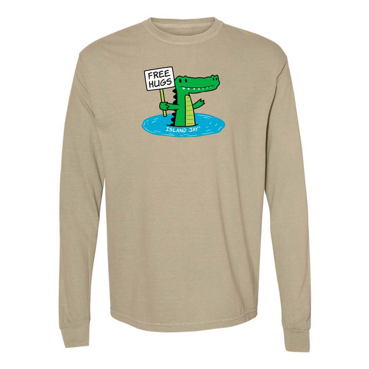 Khaki long-sleeve shirt with a cartoon alligator holding a 'Free Hugs' sign.