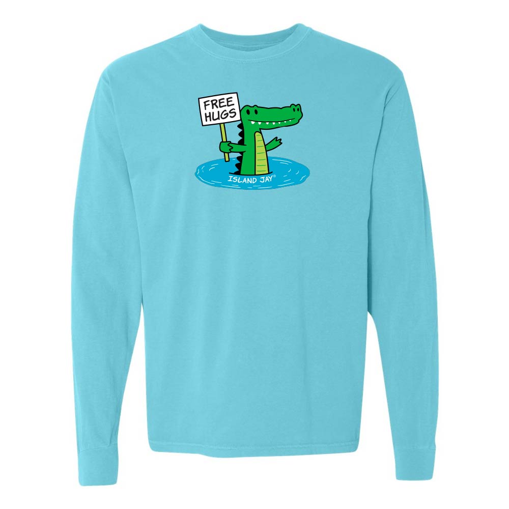 Blue long-sleeve shirt with a cartoon alligator holding a 'Free Hugs' sign.