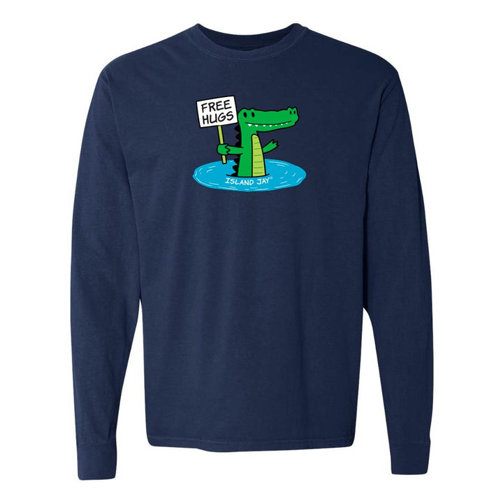 Navy long-sleeve shirt with a cartoon alligator holding a 'Free Hugs' sign.