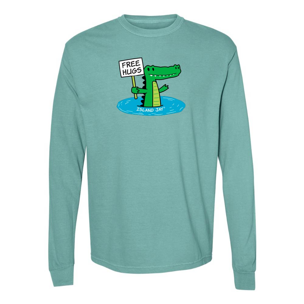 Green long-sleeve shirt with a cartoon alligator holding a 'Free Hugs' sign.