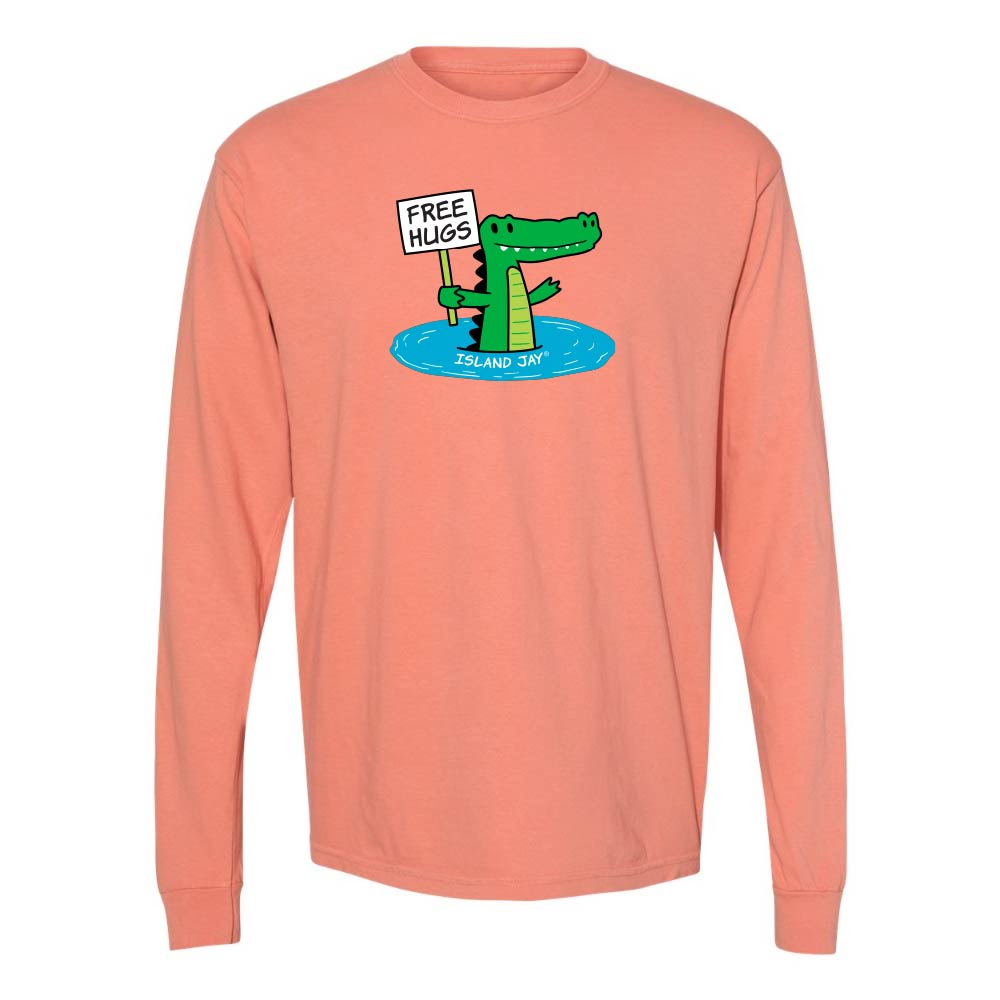 Light orange long-sleeve shirt with a cartoon alligator holding a 'Free Hugs' sign.