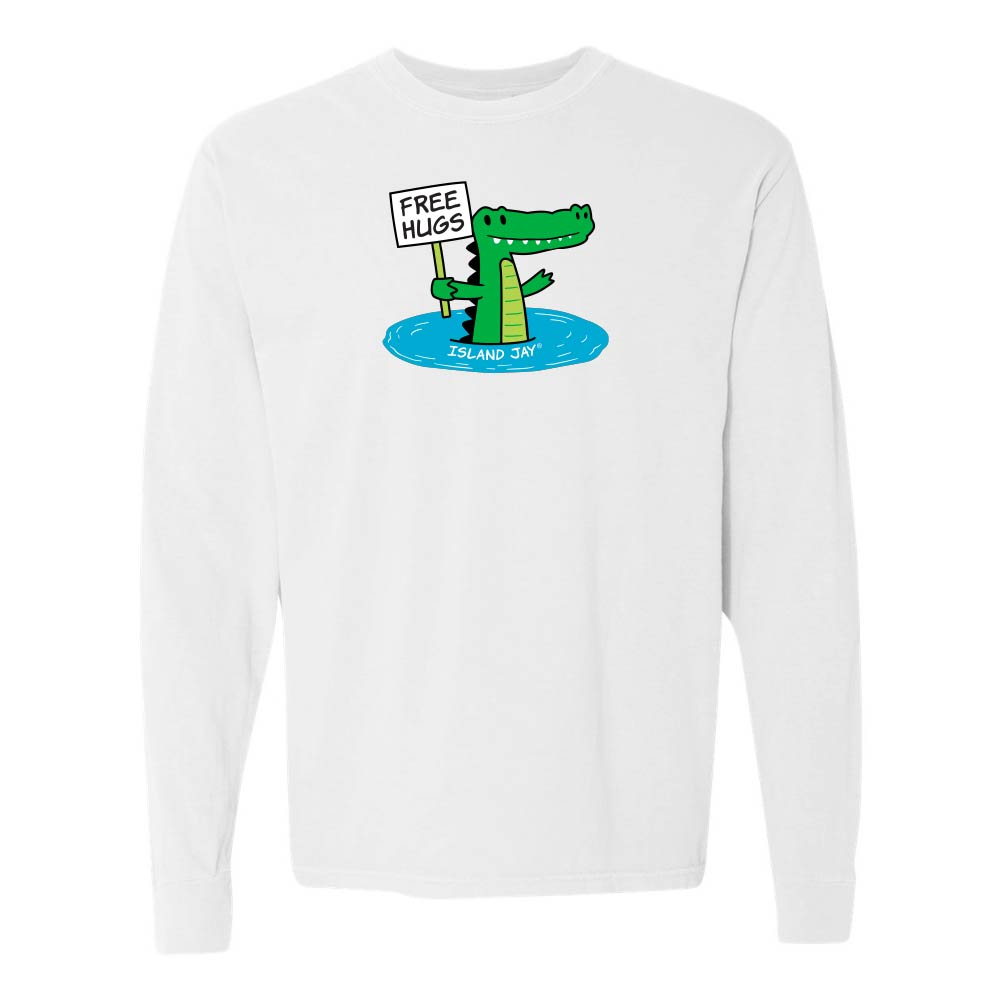 White long-sleeve shirt with a cartoon alligator holding a 'Free Hugs' sign.