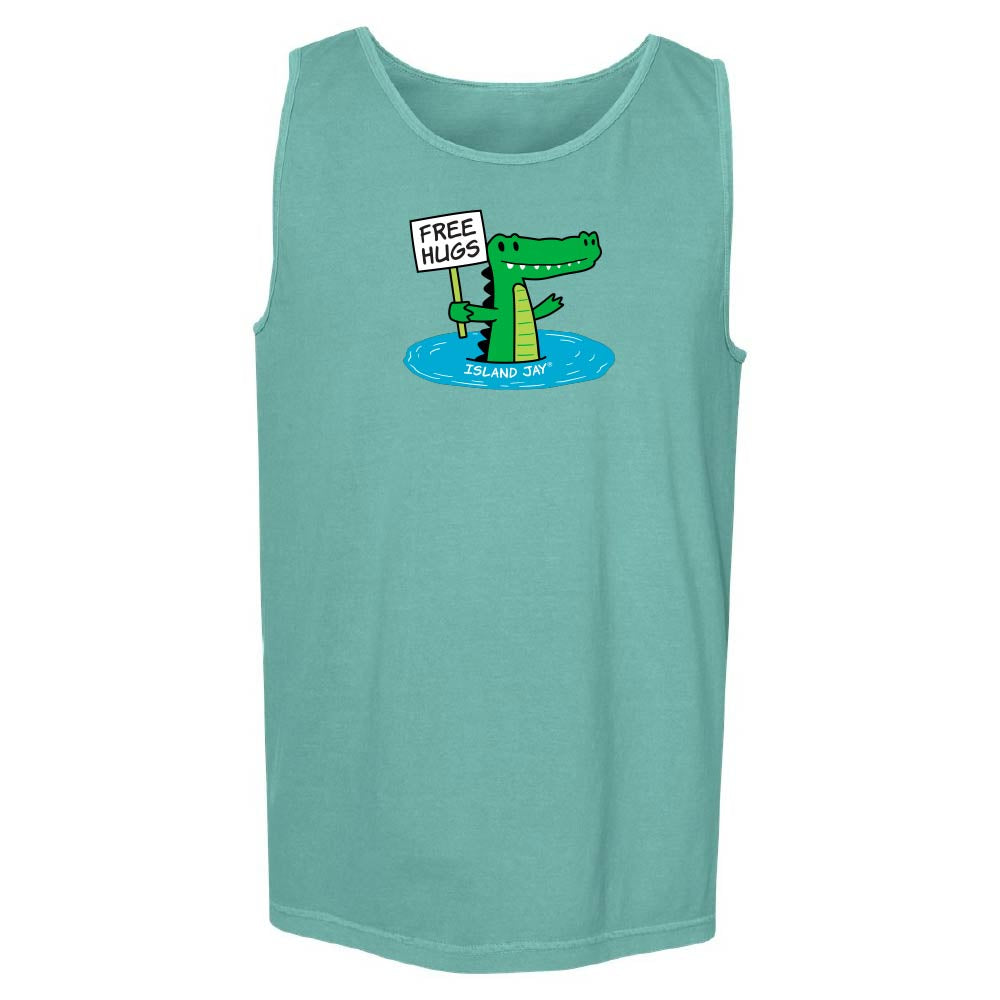 Green tank with cute alligator graphic and text reading "Free Hugs".