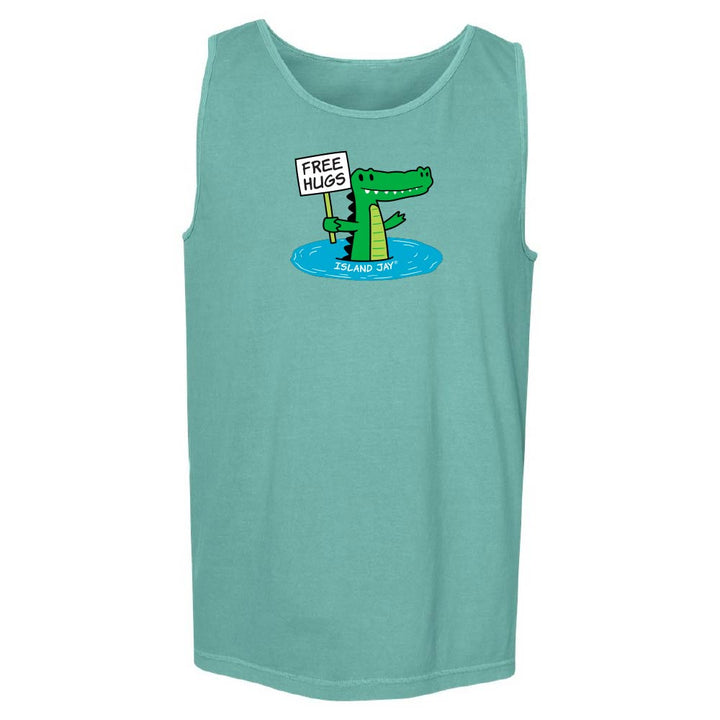 Green tank with cute alligator graphic and text reading "Free Hugs".
