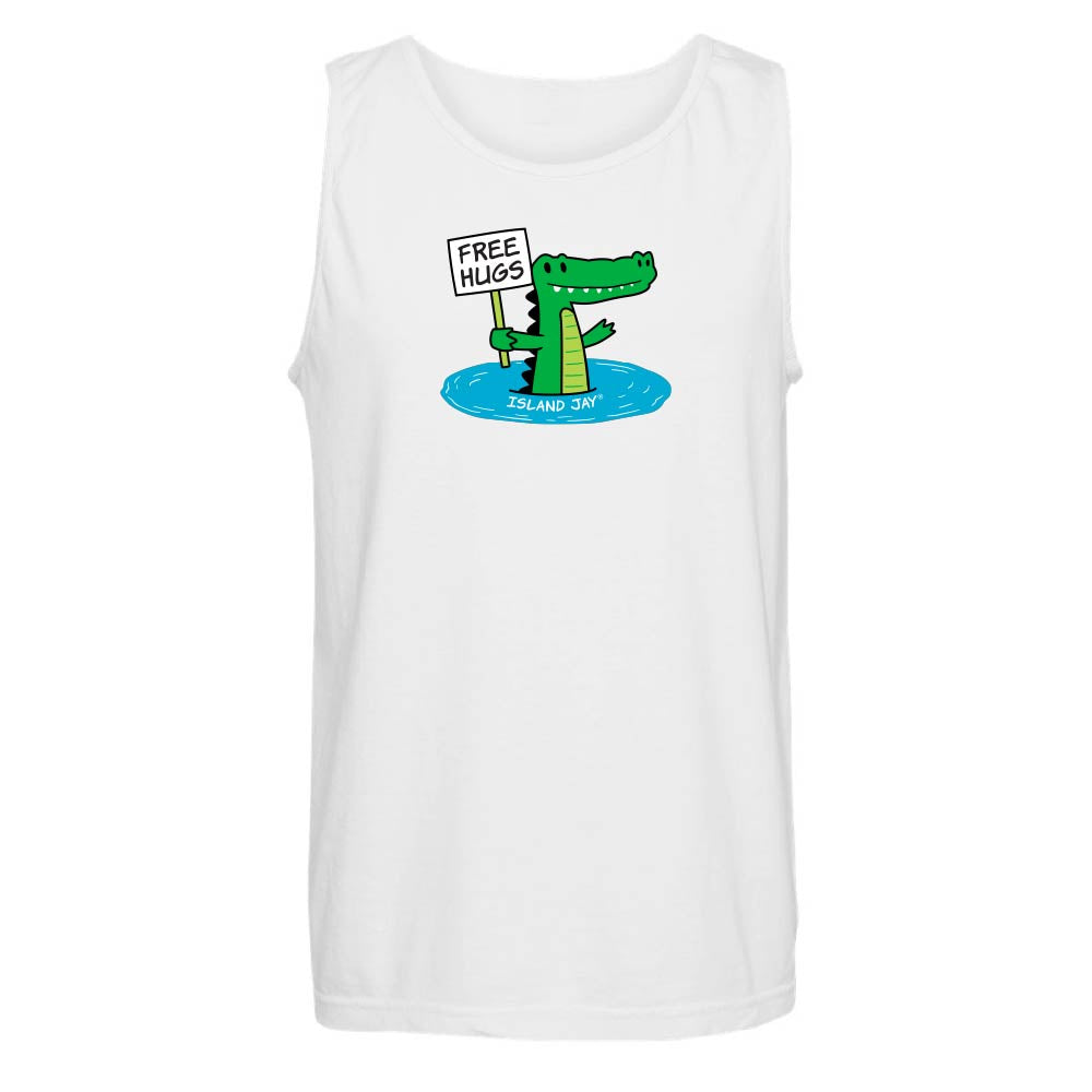White tank with cute alligator graphic and text reading "Free Hugs".