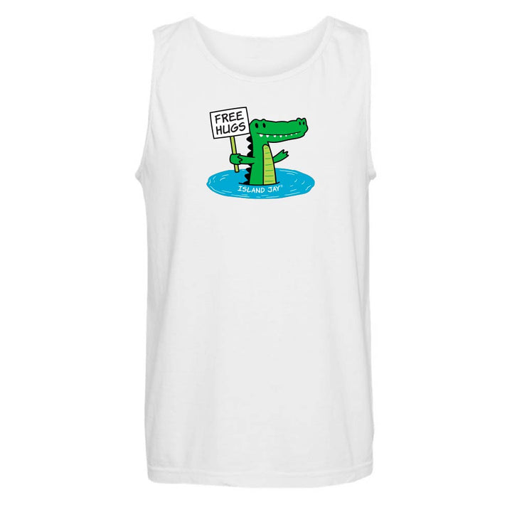 White tank with cute alligator graphic and text reading "Free Hugs".